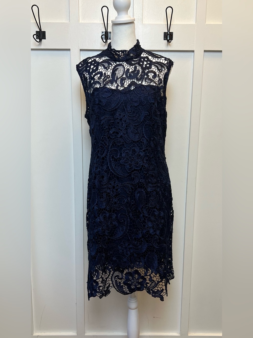 Navy Blue Lace Sleeveless Cocktail Midi Dress Size Large Wedding Guest Formal
